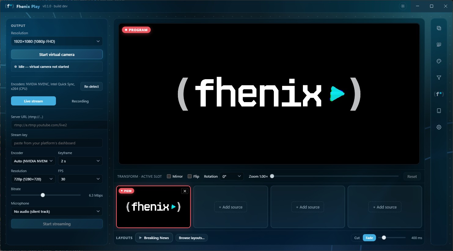 Fhenix Play main window — Program view with the preview strip, filters rail, and layouts strip