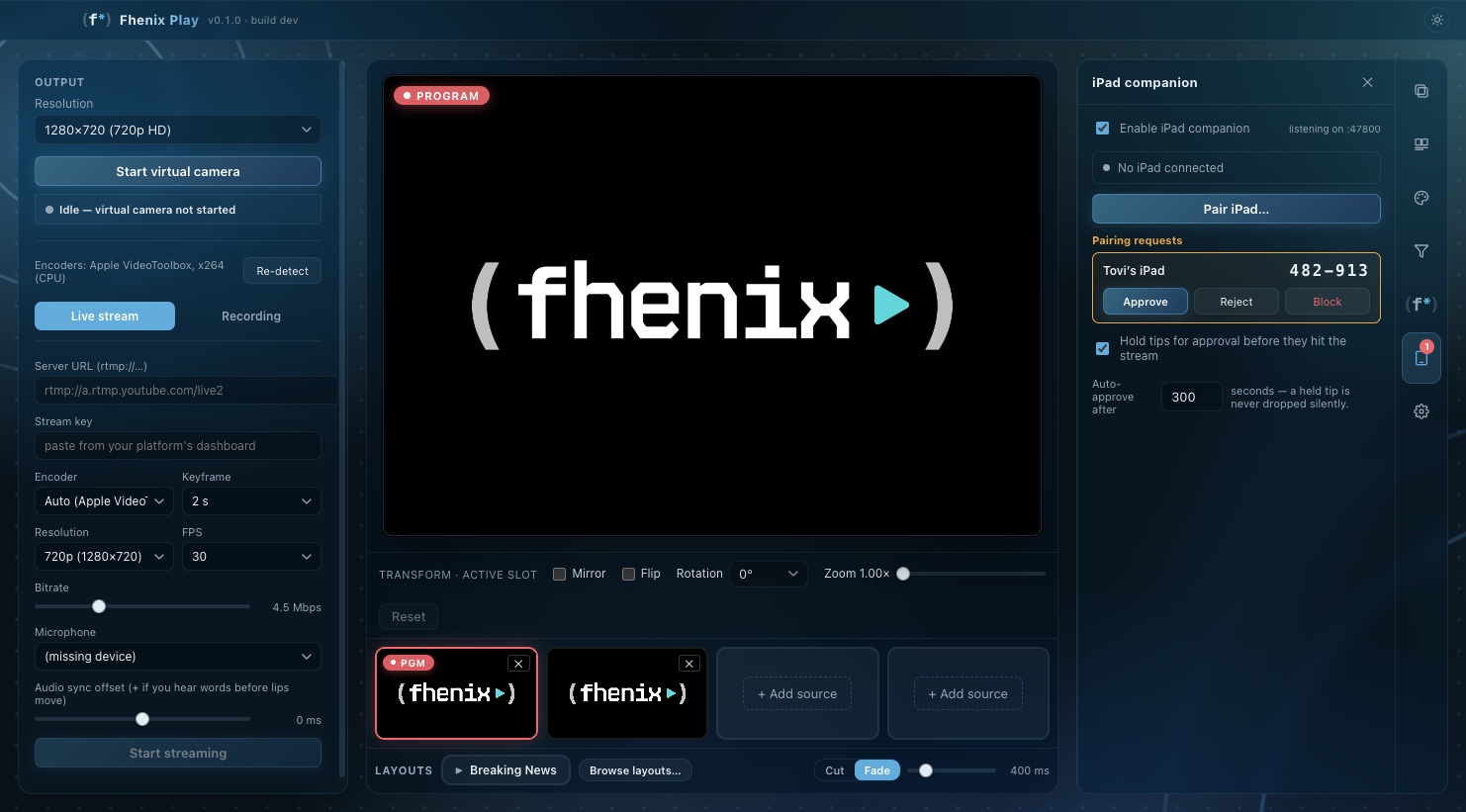 The companion panel with a pending pairing request: device name, 6-digit code, Approve / Reject / Block