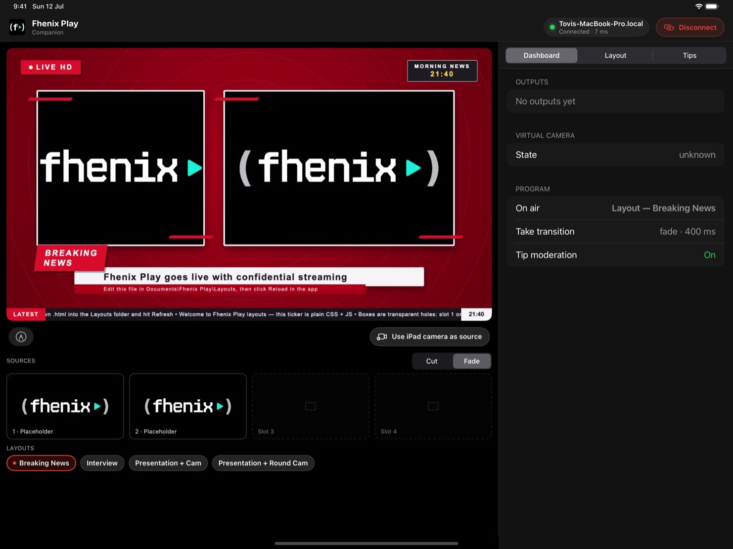 iPad companion: live Program with telestration, sources multiview, layout chips, dashboard panel