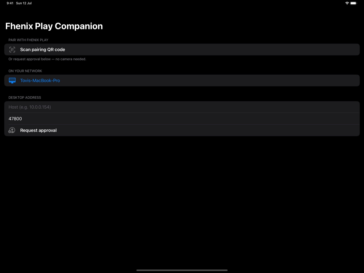 The iPad pairing screen: scan QR or request approval from a discovered desktop