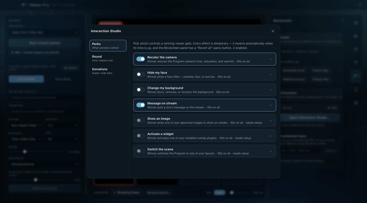 The Interaction Studio: Perks tab with toggles for what winners control
