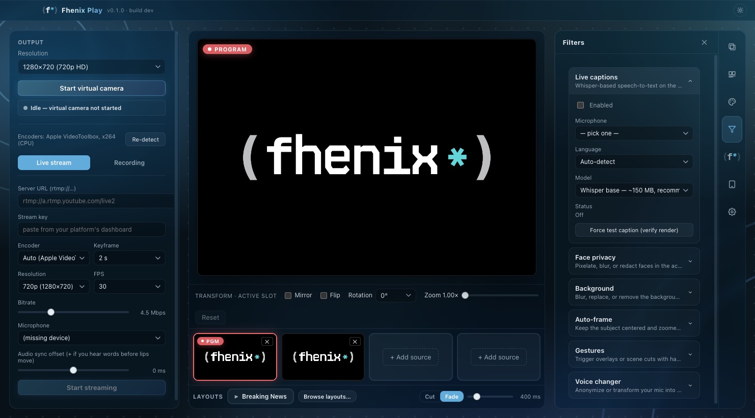 The three regions: Output column on the left, Program stage in the center, Filters dock panel on the right