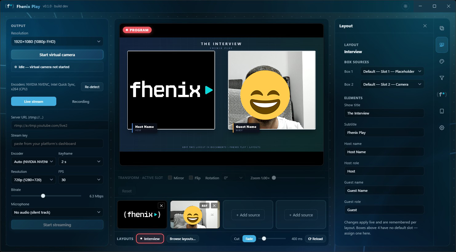 The Interview layout live on Program: two camera boxes with name plates, with the Layout panel open