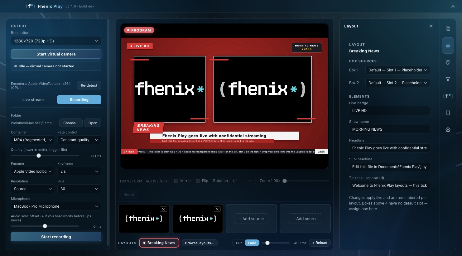 Breaking News live with the Layout panel open: box sources and element text editors