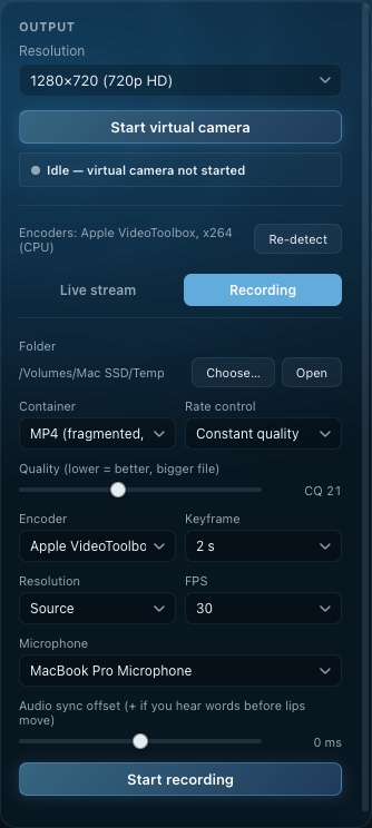 The Recording tab: folder, container, rate control, quality, encoder, microphone