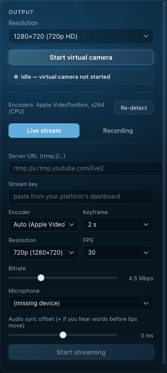 The Live stream tab: RTMP URL, stream key, encoder, resolution, fps, bitrate, microphone