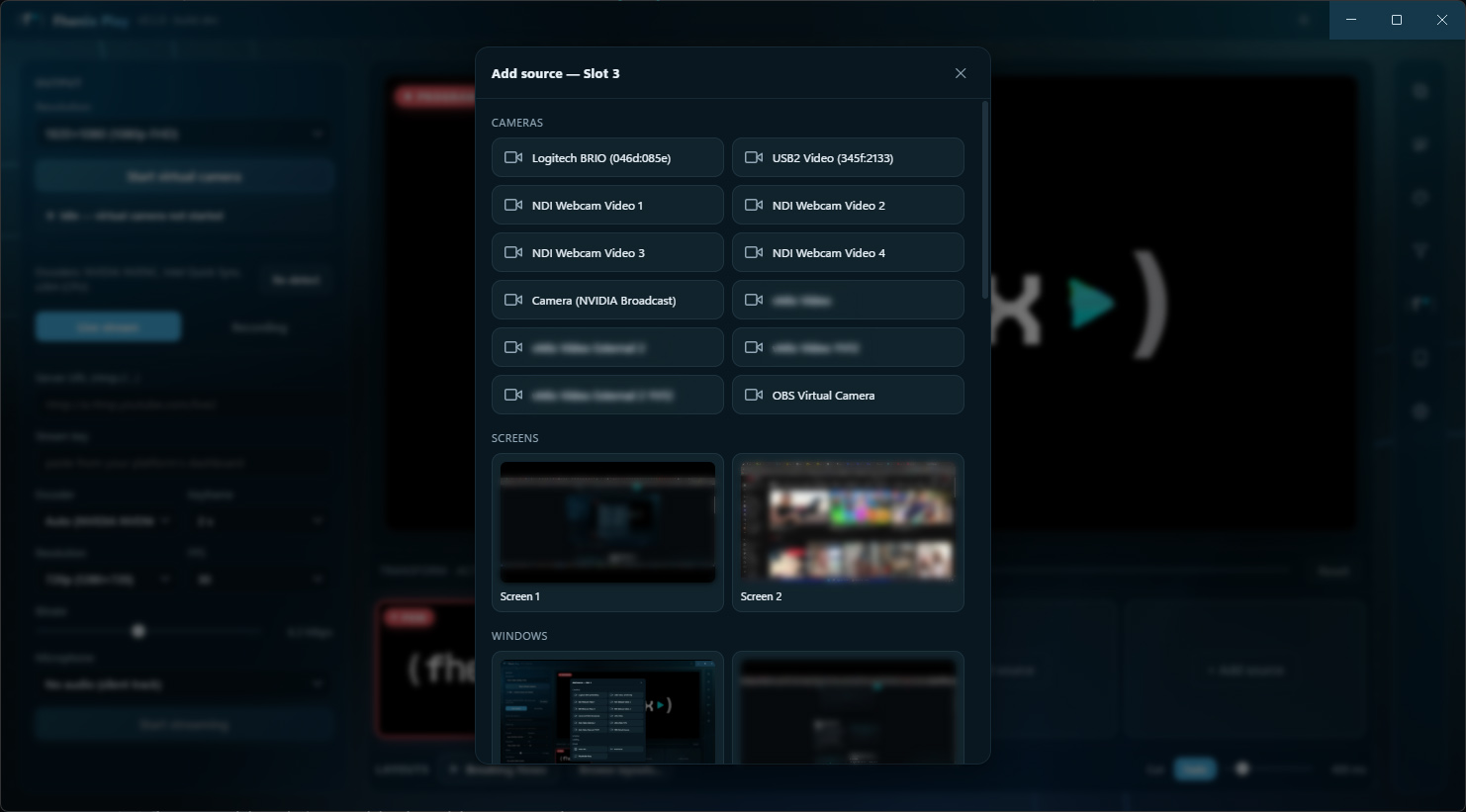 The source picker modal over the studio: cameras, screens, windows, RTSP, file, demo loop